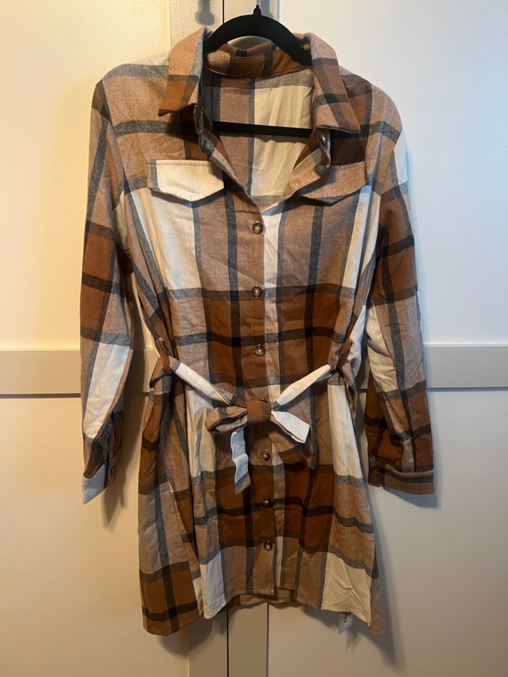 Cupshe Tan, Brown & White Plaid Mini Shirt Dress with Waist Tie
